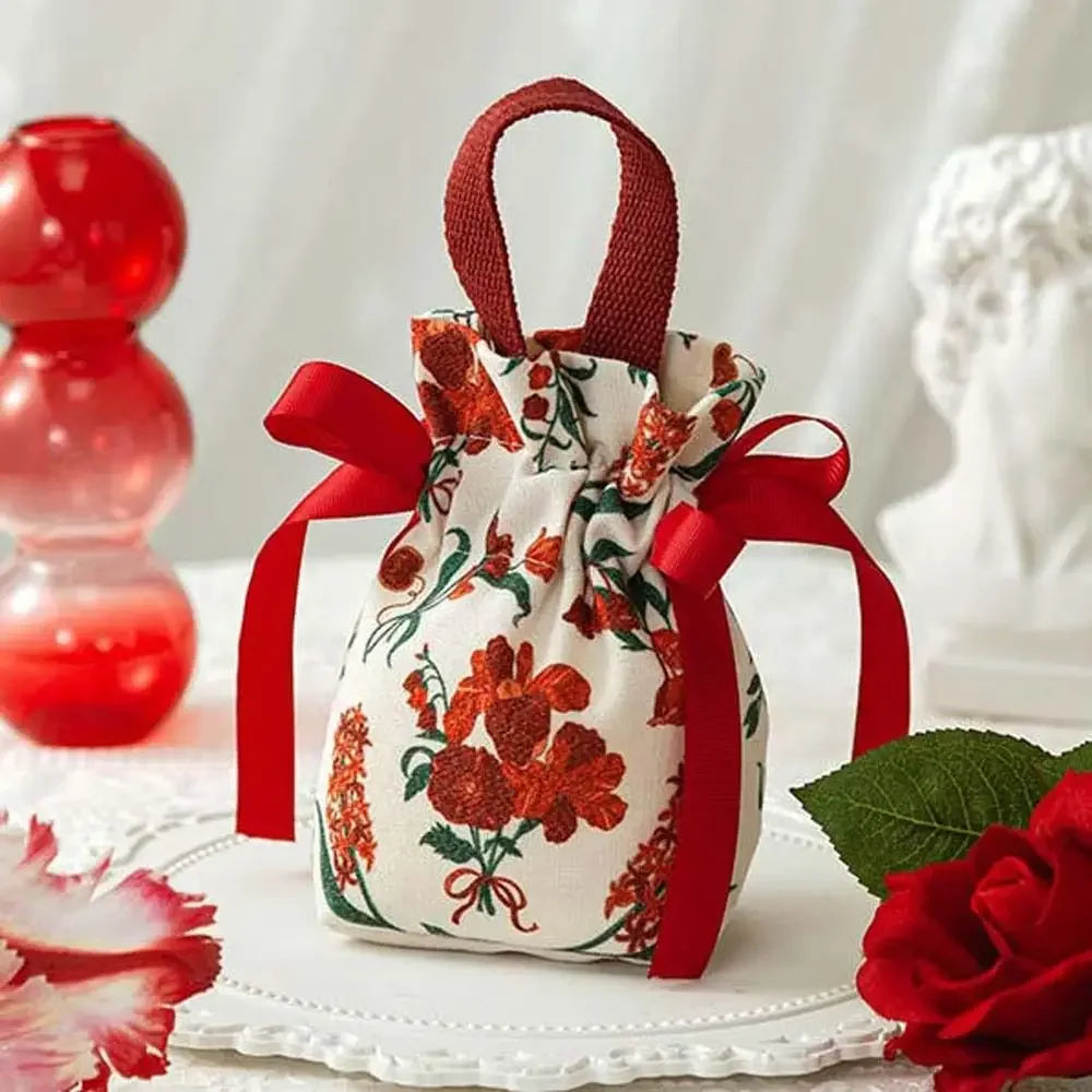 Christmas Gift Bags Canvas Flower Drawstring P