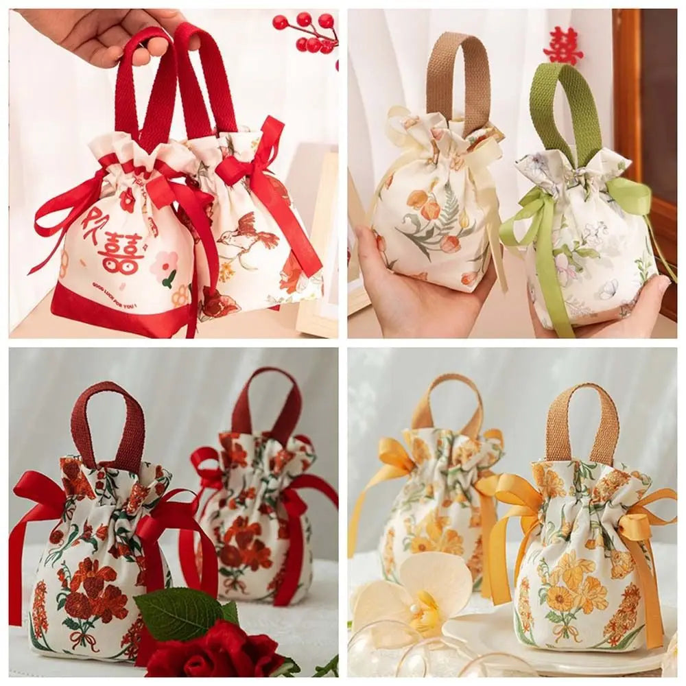 Christmas Gift Bags Canvas Flower Drawstring P